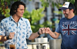 Joe Nichols (l) and video director Potsy Ponciroli share a fist bump during a break in filming.